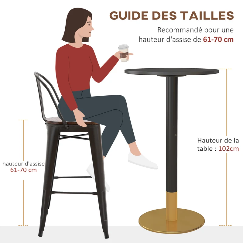 Table de bar ronde 60 x 60 x 102 cm idéale pour 2 personnes stable et robuste style contemporain épuré cosy en MDF noir 21_0003220