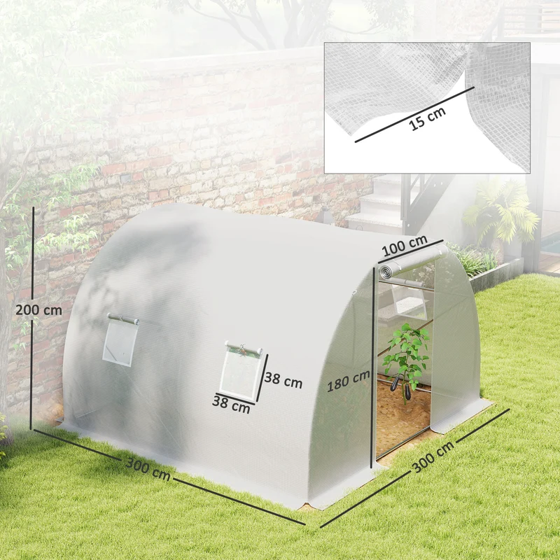 Serre tunnel de jardin 300 x 300 x 200 cm protection anti-uv porte enroulable zippée accès contemporain en pe blanc 21_0004246