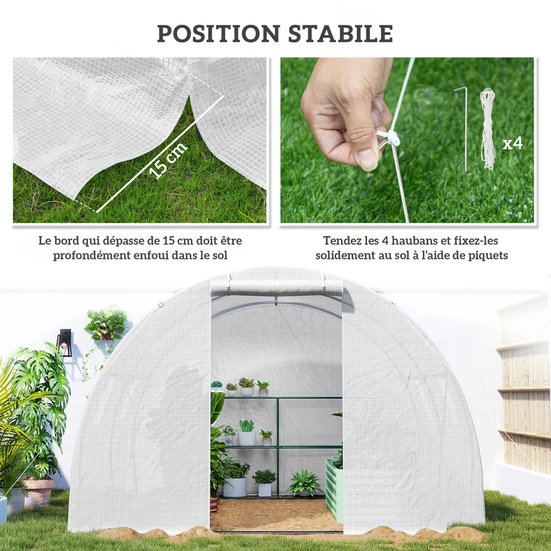 Serre tunnel de jardin 300 x 300 x 200 cm protection anti-uv porte enroulable zippée accès contemporain en pe blanc 21_0004246