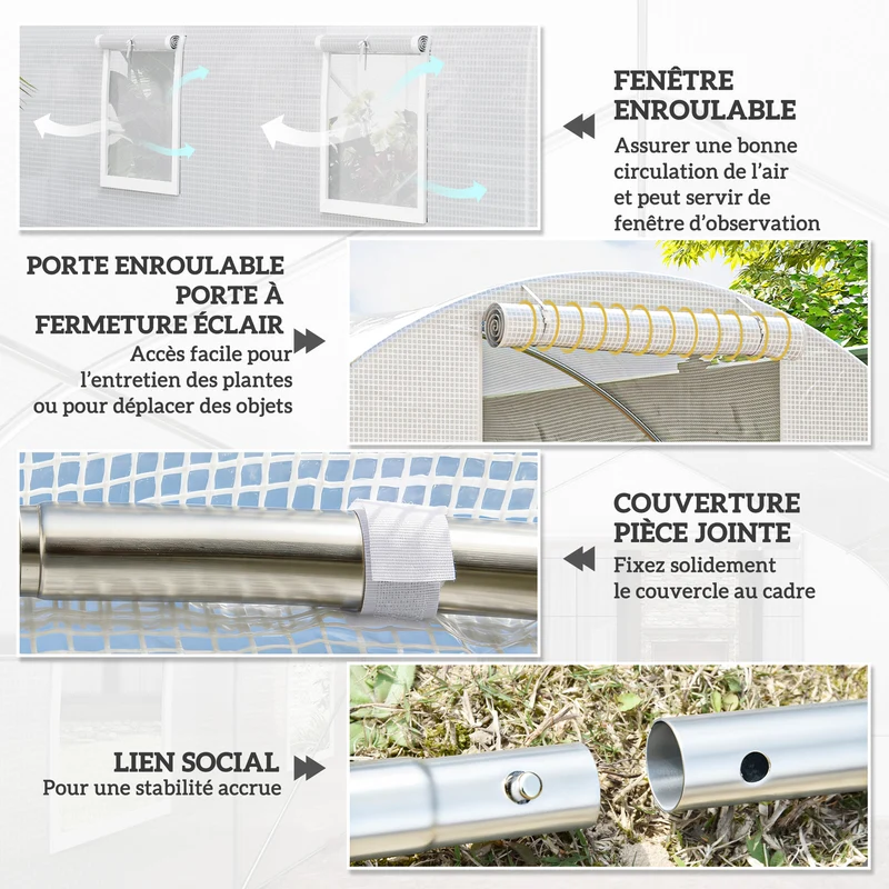 Serre tunnel de jardin 300 x 300 x 200 cm protection anti-uv porte enroulable zippée accès contemporain en pe blanc 21_0004246