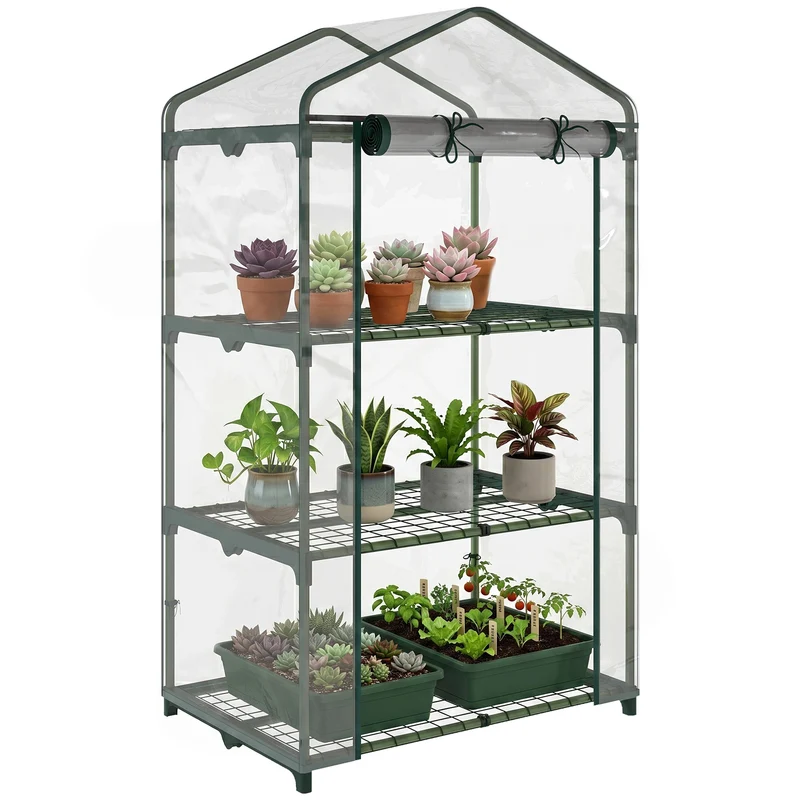 Serre de jardin compacte 3 étagères 69 x 49 x 125 cm protection intempéries montage facile style épuré en PVC vert 21_0004236