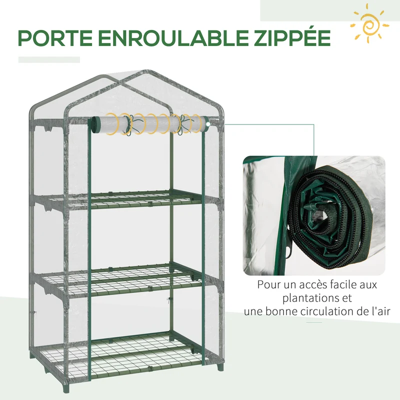 Serre de jardin compacte 3 étagères 69 x 49 x 125 cm protection intempéries montage facile style épuré en PVC vert 21_0004236