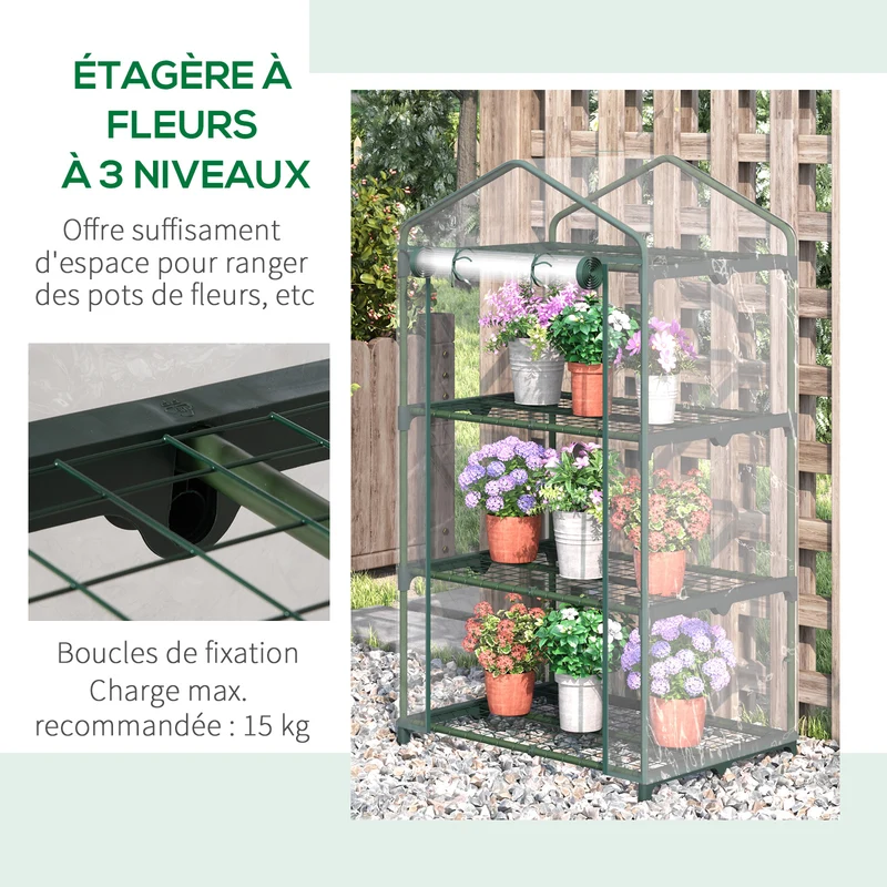 Serre de jardin compacte 3 étagères 69 x 49 x 125 cm protection intempéries montage facile style épuré en PVC vert 21_0004236