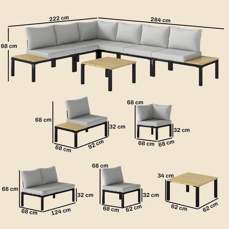Salon de jardin modulaire 284 x 222 x 68 cm convertible en lit coussins 10 cm style contemporain en acier gris clair 21_0005760