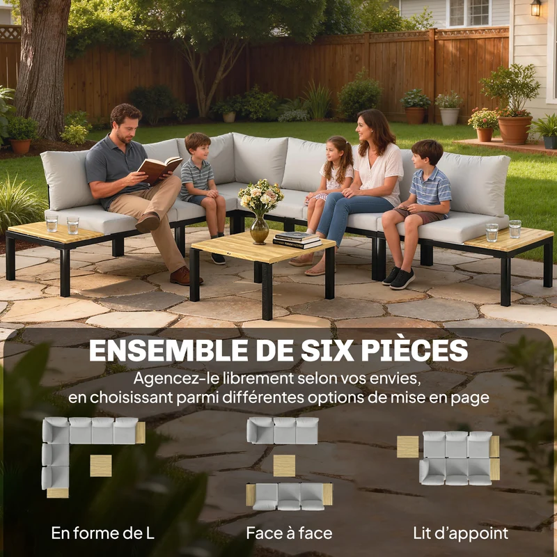 Salon de jardin modulaire 284 x 222 x 68 cm convertible en lit coussins 10 cm style contemporain en acier gris clair 21_0005760