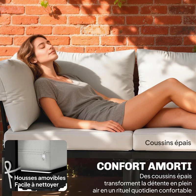 Salon de jardin modulaire 284 x 222 x 68 cm convertible en lit coussins 10 cm style contemporain en acier gris clair 21_0005760