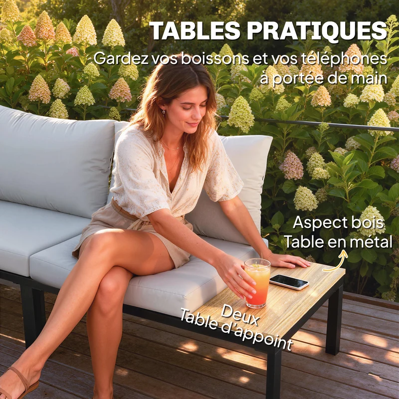 Salon de jardin modulaire 284 x 222 x 68 cm convertible en lit coussins 10 cm style contemporain en acier gris clair 21_0005760