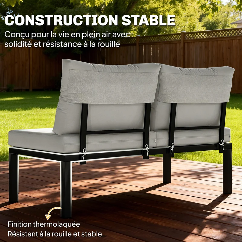 Salon de jardin modulaire 284 x 222 x 68 cm convertible en lit coussins 10 cm style contemporain en acier gris clair 21_0005760