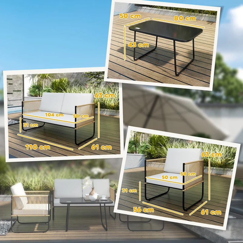 Salon de jardin 4 pièces véranda 110 x 61 x 63 cm housses amovibles plateau style scandinave en résine tressée crème 21_0005976