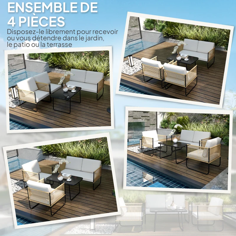 Salon de jardin 4 pièces véranda 110 x 61 x 63 cm housses amovibles plateau style scandinave en résine tressée crème 21_0005976
