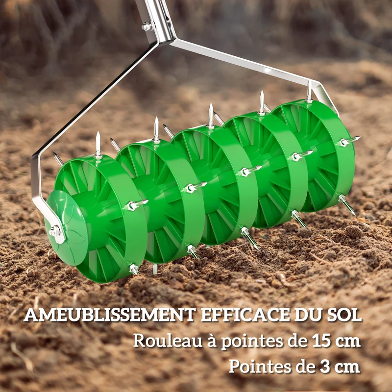 Rouleau aérateur de pelouse manuel 45 x 21 x 140 cm aération profonde poignée amovible industriel en acier vert foncé 21_0005575