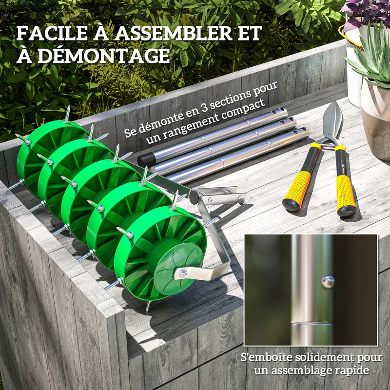 Rouleau aérateur de pelouse manuel 45 x 21 x 140 cm aération profonde poignée amovible industriel en acier vert foncé 21_0005575