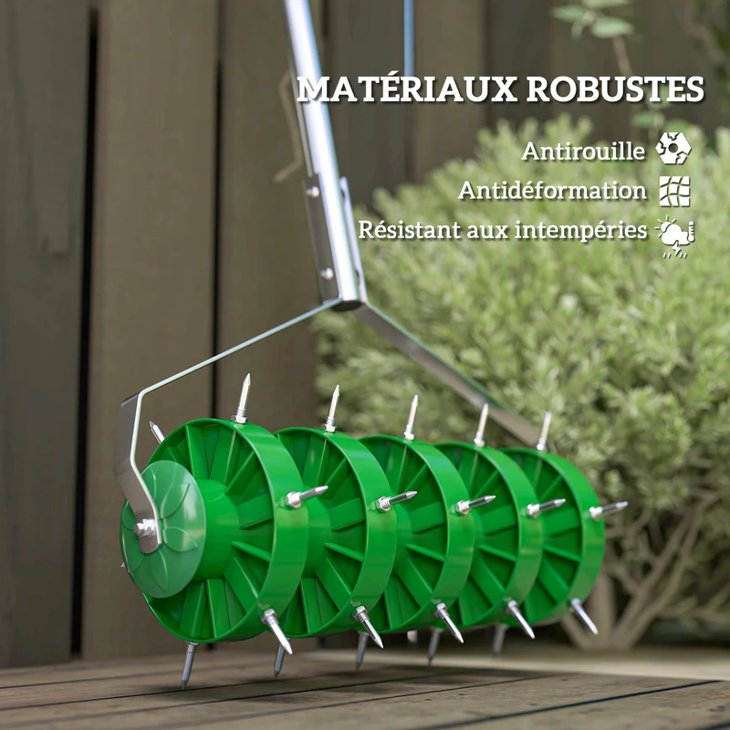 Rouleau aérateur de pelouse manuel 45 x 21 x 140 cm aération profonde poignée amovible industriel en acier vert foncé 21_0005575