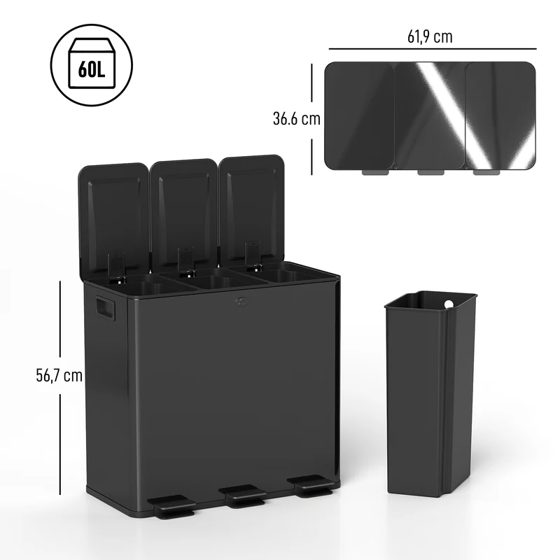 Poubelle de cuisine tri 61,9 x 36,6 x 56,7 cm seaux amovibles fermeture douce antiodeurs moderne en acier inox noir 21_0005910