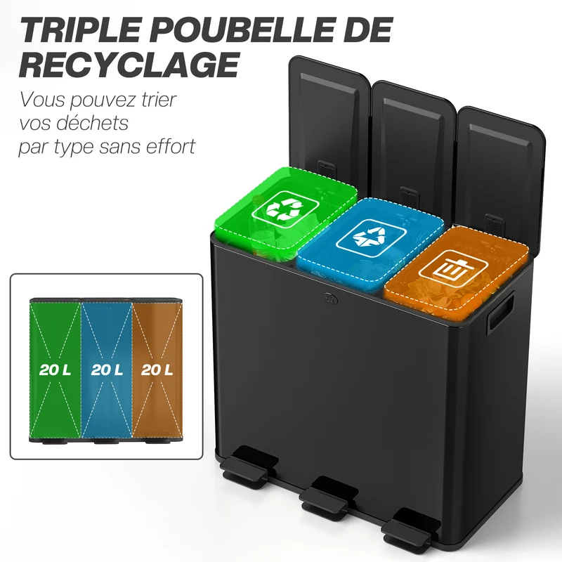 Poubelle de cuisine tri 61,9 x 36,6 x 56,7 cm seaux amovibles fermeture douce antiodeurs moderne en acier inox noir 21_0005910