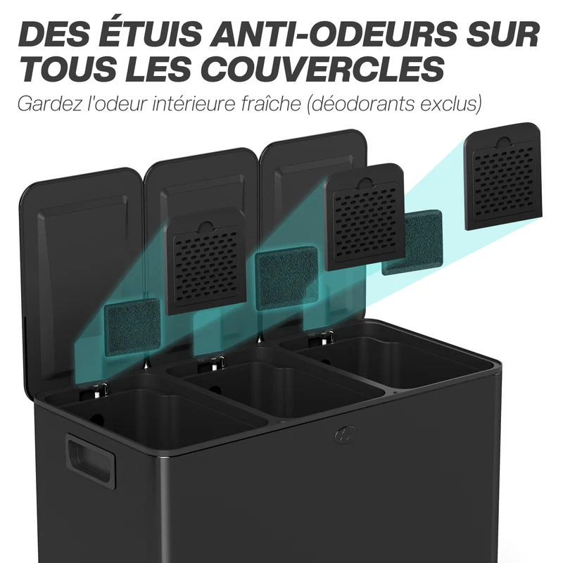 Poubelle de cuisine tri 61,9 x 36,6 x 56,7 cm seaux amovibles fermeture douce antiodeurs moderne en acier inox noir 21_0005910