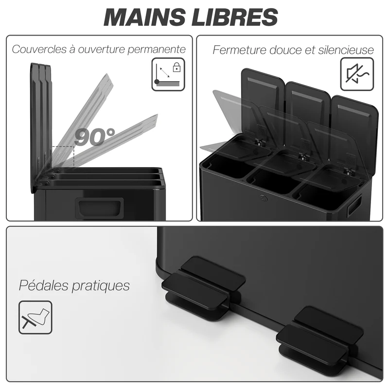 Poubelle de cuisine tri 61,9 x 36,6 x 56,7 cm seaux amovibles fermeture douce antiodeurs moderne en acier inox noir 21_0005910