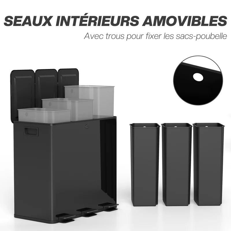 Poubelle de cuisine tri 61,9 x 36,6 x 56,7 cm seaux amovibles fermeture douce antiodeurs moderne en acier inox noir 21_0005910