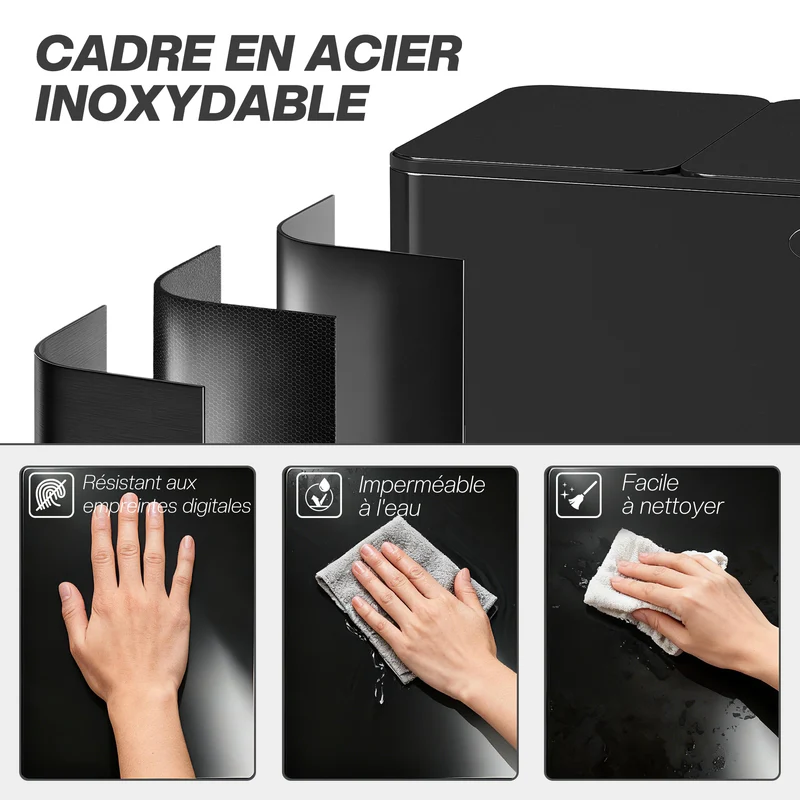 Poubelle de cuisine tri 61,9 x 36,6 x 56,7 cm seaux amovibles fermeture douce antiodeurs moderne en acier inox noir 21_0005910