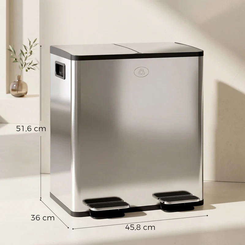 Poubelle de cuisine double 46 x 36 x 52 cm fermeture douce seaux amovibles épurée moderne en acier inoxydable argent 21_0005905