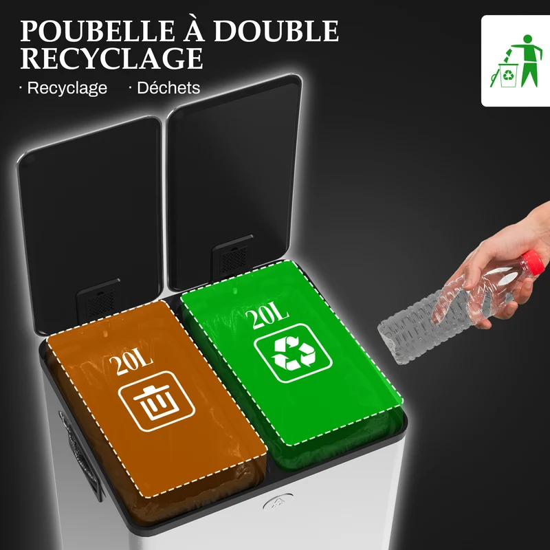 Poubelle de cuisine double 46 x 36 x 52 cm fermeture douce seaux amovibles épurée moderne en acier inoxydable argent 21_0005905