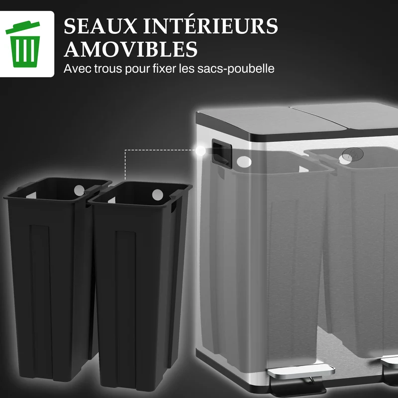 Poubelle de cuisine double 46 x 36 x 52 cm fermeture douce seaux amovibles épurée moderne en acier inoxydable argent 21_0005905