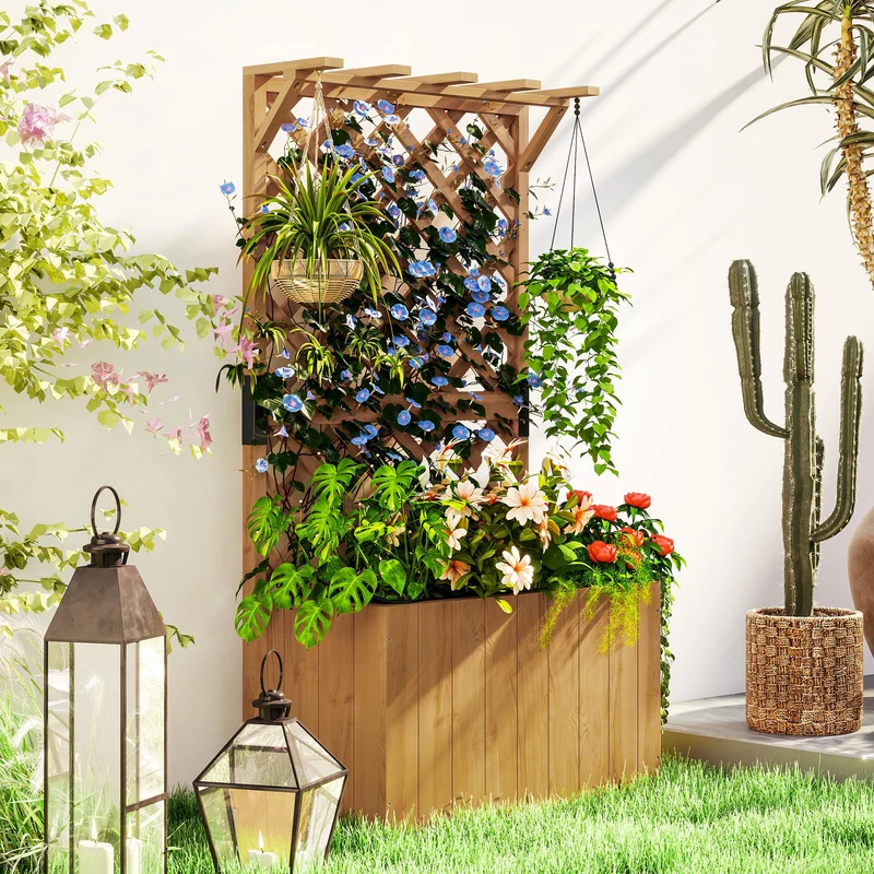 Potager surélevé jardinière avec treillis 64 x 33 x 122 cm drainage intégré insert en tissu rustique en bois naturel 21_0005531