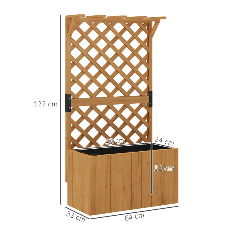 Potager surélevé jardinière avec treillis 64 x 33 x 122 cm drainage intégré insert en tissu rustique en bois naturel 21_0005531