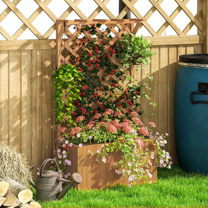 Potager surélevé jardinière avec treillis 64 x 33 x 122 cm drainage intégré insert en tissu rustique en bois naturel 21_0005531