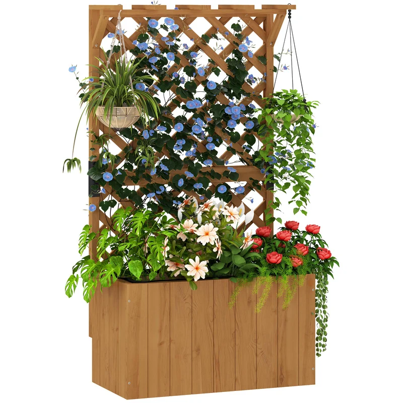 Potager surélevé jardinière avec treillis 64 x 33 x 122 cm drainage intégré insert en tissu rustique en bois naturel 21_0005531