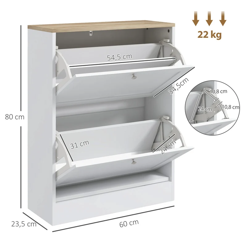Meuble à chaussures entrée 60 x 23.5 x 80 cm 12 paires gain de place style épuré moderne en panneau de particules blanc 21_0002724