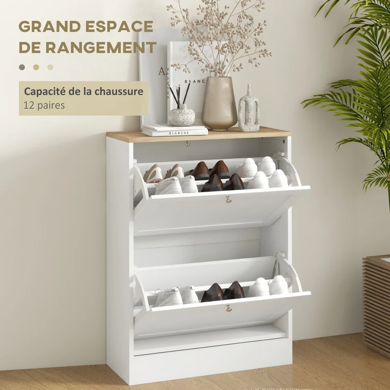 Meuble à chaussures entrée 60 x 23.5 x 80 cm 12 paires gain de place style épuré moderne en panneau de particules blanc 21_0002724