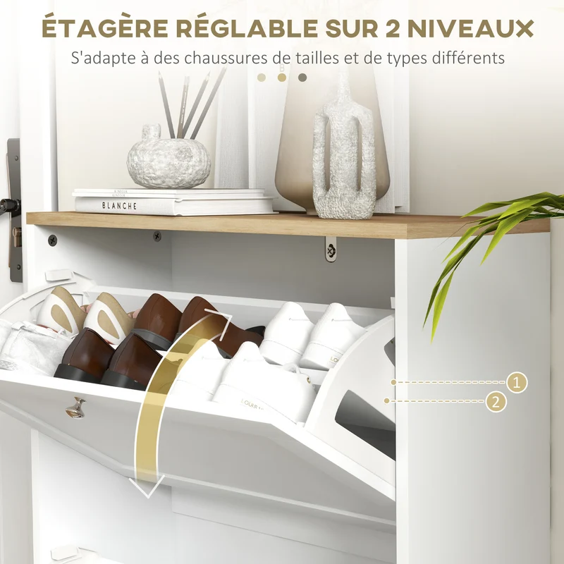 Meuble à chaussures entrée 60 x 23.5 x 80 cm 12 paires gain de place style épuré moderne en panneau de particules blanc 21_0002724
