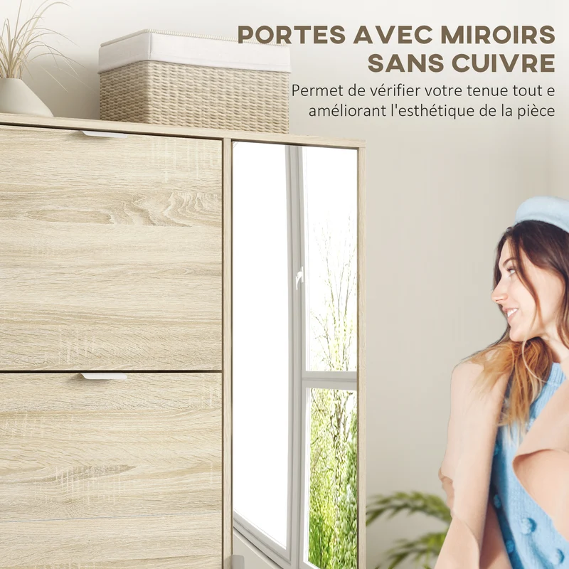 Meuble à chaussures d'entrée 82 x 30 x 168 cm rangement optimisé miroir intégré moderne épuré finition mate en MDF chêne 21_0002718