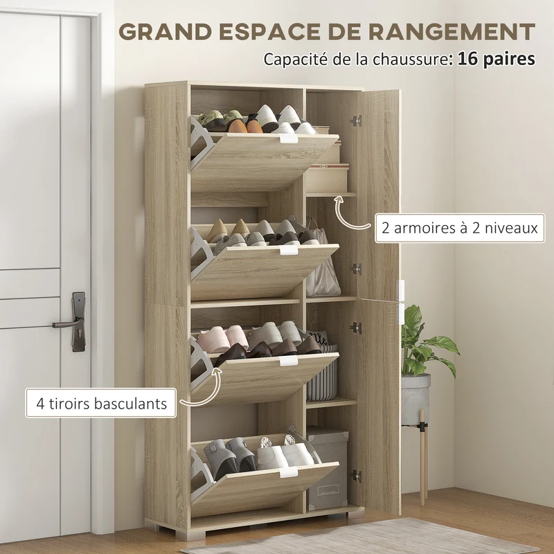 Meuble à chaussures d'entrée 82 x 30 x 168 cm rangement optimisé miroir intégré moderne épuré finition mate en MDF chêne 21_0002718