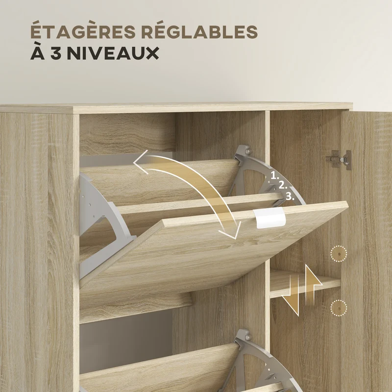 Meuble à chaussures d'entrée 82 x 30 x 168 cm rangement optimisé miroir intégré moderne épuré finition mate en MDF chêne 21_0002718