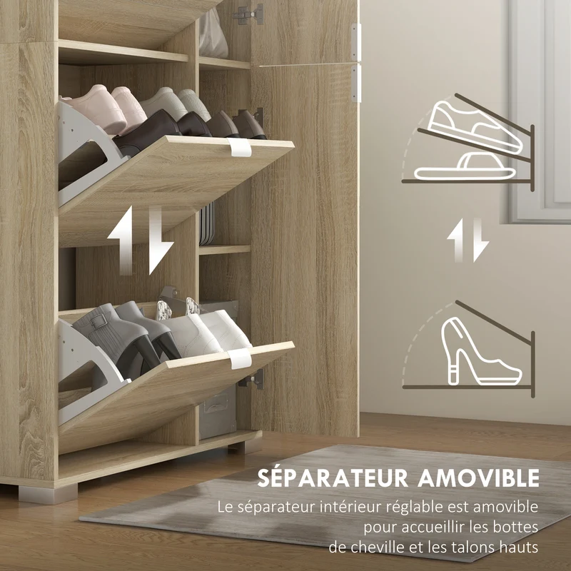 Meuble à chaussures d'entrée 82 x 30 x 168 cm rangement optimisé miroir intégré moderne épuré finition mate en MDF chêne 21_0002718