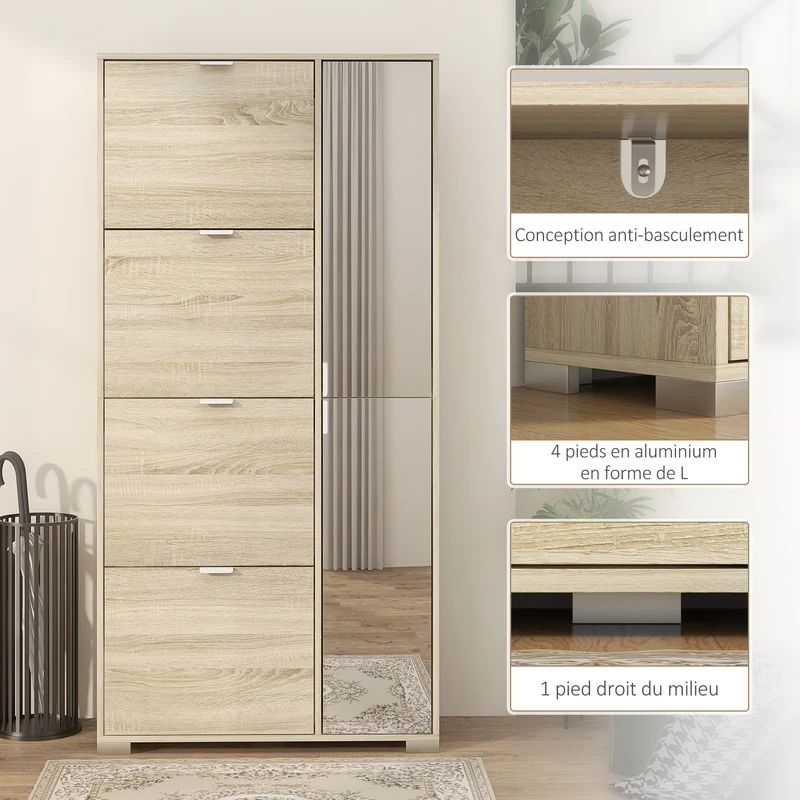 Meuble à chaussures d'entrée 82 x 30 x 168 cm rangement optimisé miroir intégré moderne épuré finition mate en MDF chêne 21_0002718