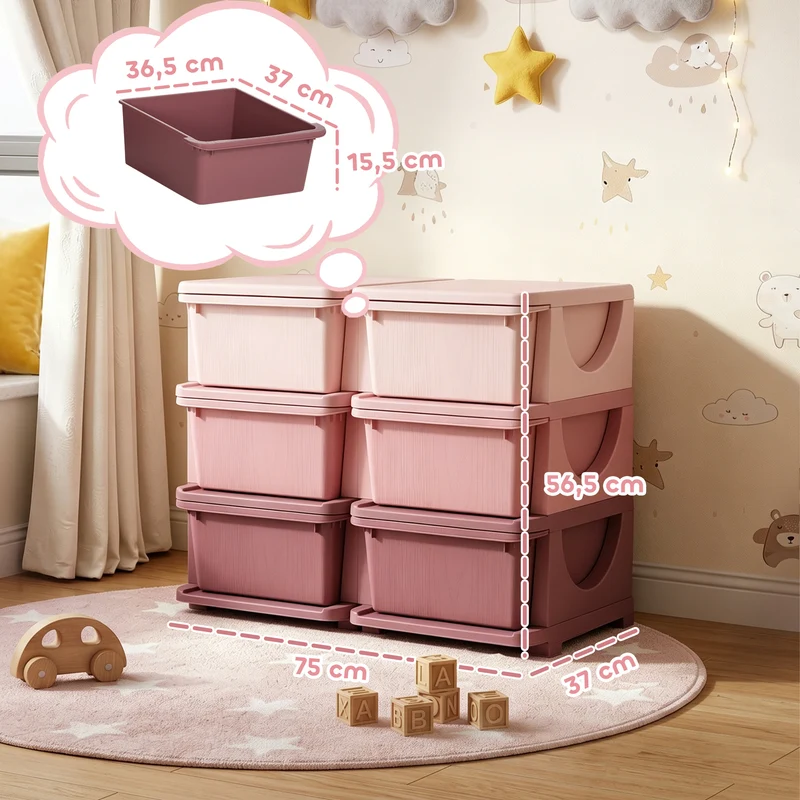 Meuble de rangement pour enfants 3 niveaux 75 x 37 x 56,5 cm 6 tiroirs autonomie enfant style moderne épuré en PP rose 21_0000149