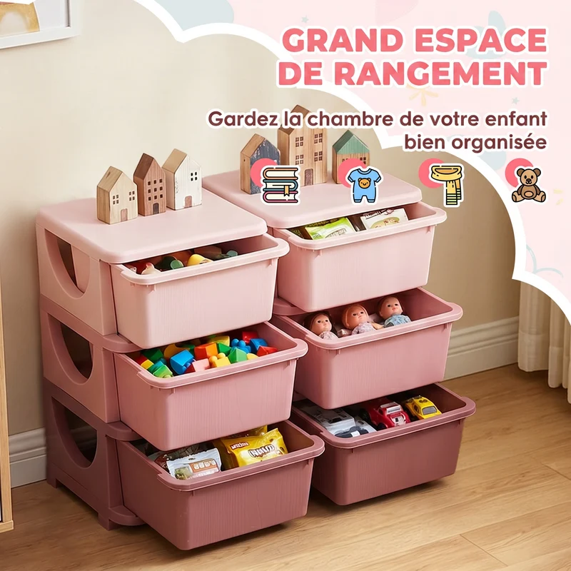 Meuble de rangement pour enfants 3 niveaux 75 x 37 x 56,5 cm 6 tiroirs autonomie enfant style moderne épuré en PP rose 21_0000149