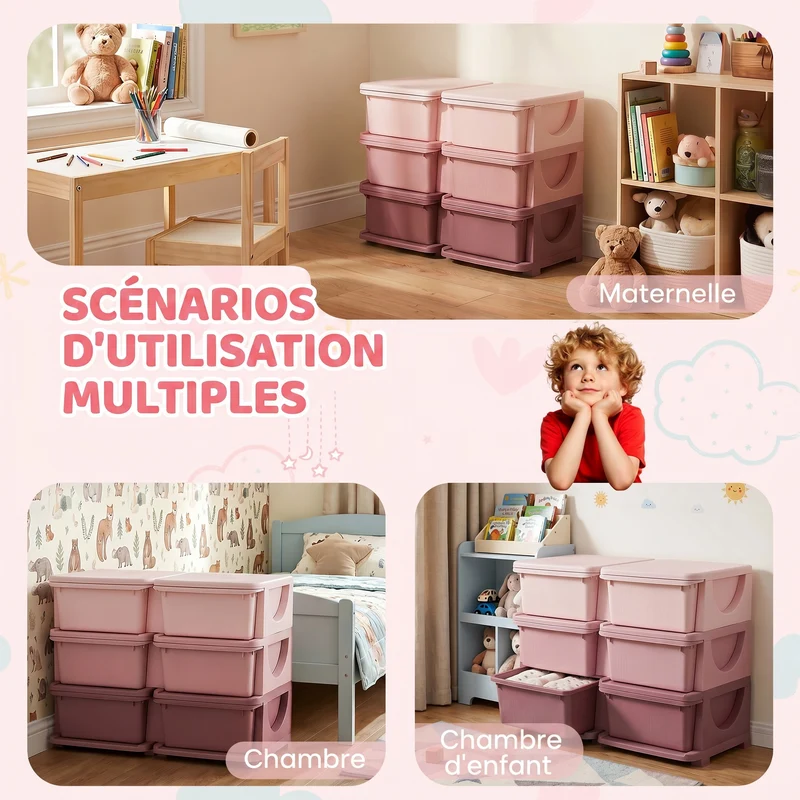 Meuble de rangement pour enfants 3 niveaux 75 x 37 x 56,5 cm 6 tiroirs autonomie enfant style moderne épuré en PP rose 21_0000149