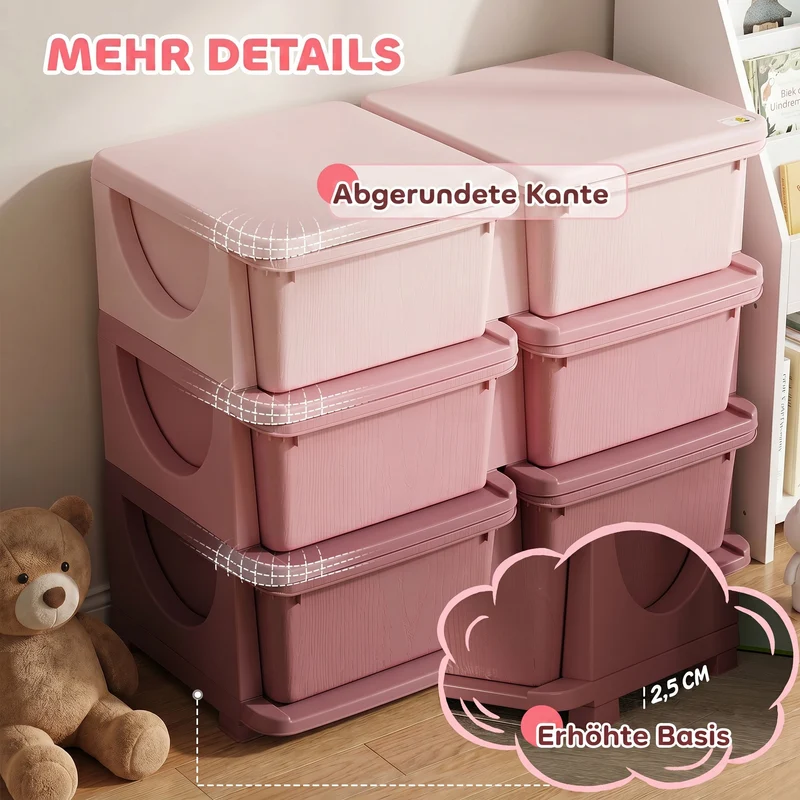 Meuble de rangement pour enfants 3 niveaux 75 x 37 x 56,5 cm 6 tiroirs autonomie enfant style moderne épuré en PP rose 21_0000149