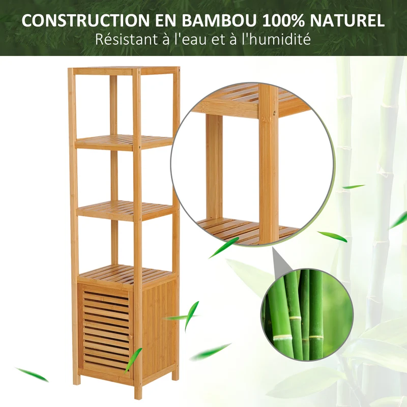 Meuble colonne salle de bain 36 x 33 x 140 cm sur pieds rangement gain de place design scandinave en bambou naturel 21_0001851