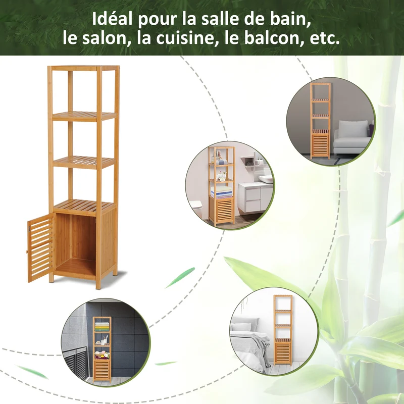 Meuble colonne salle de bain 36 x 33 x 140 cm sur pieds rangement gain de place design scandinave en bambou naturel 21_0001851