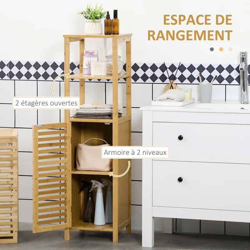 Meuble colonne salle de bain 32.9 x 29.9 x 120 cm rangement modulable gain de place scandinave épuré en bambou naturel 21_0001927