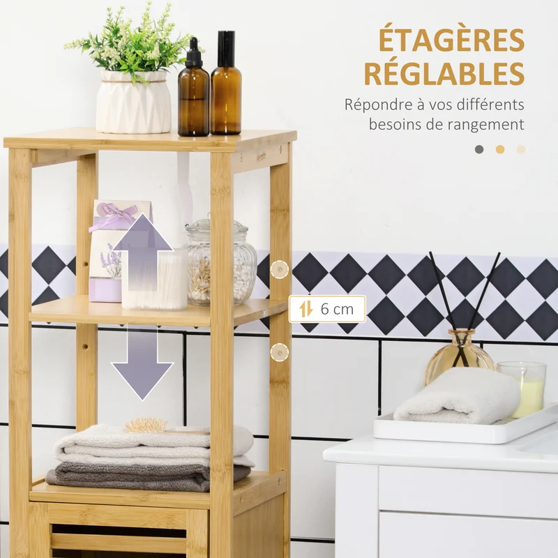 Meuble colonne salle de bain 32.9 x 29.9 x 120 cm rangement modulable gain de place scandinave épuré en bambou naturel 21_0001927