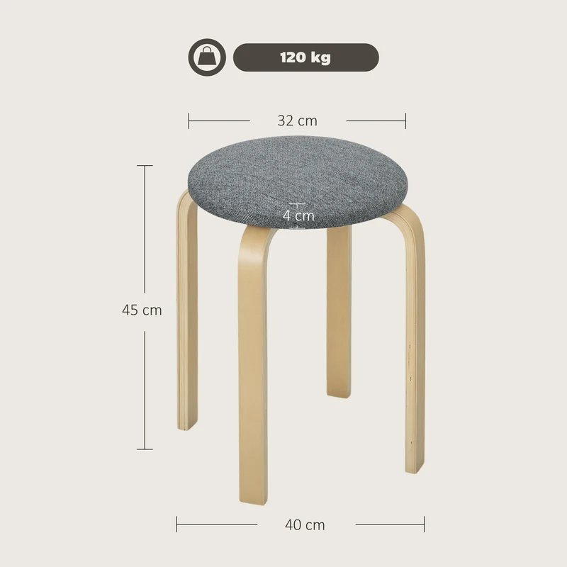Lot de 4 tabourets empilables ronds assise rembourrée 40 x 40 x 45 cm gain de place scandinave en contreplaqué gris 21_0003292