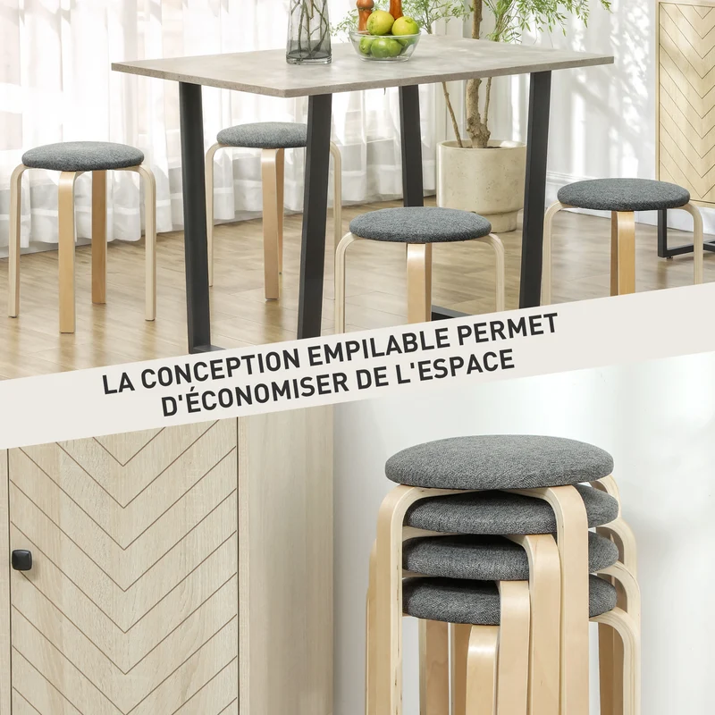 Lot de 4 tabourets empilables ronds assise rembourrée 40 x 40 x 45 cm gain de place scandinave en contreplaqué gris 21_0003292