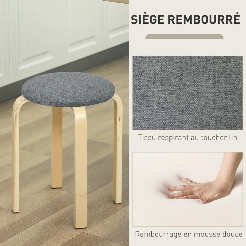 Lot de 4 tabourets empilables ronds assise rembourrée 40 x 40 x 45 cm gain de place scandinave en contreplaqué gris 21_0003292