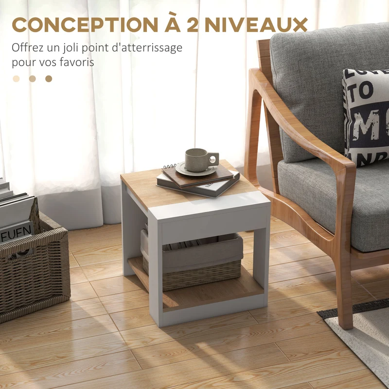 Lot de 2 tables d'appoint bout de canapé 40 x 40 x 45 cm étagère pratique moderne stable en panneau de particules blanc 21_0003120